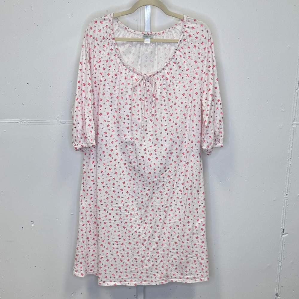 Garnet Hill Pink Floral Print Peasant PJ Sleep Dress White 3/4 Sleeve Large